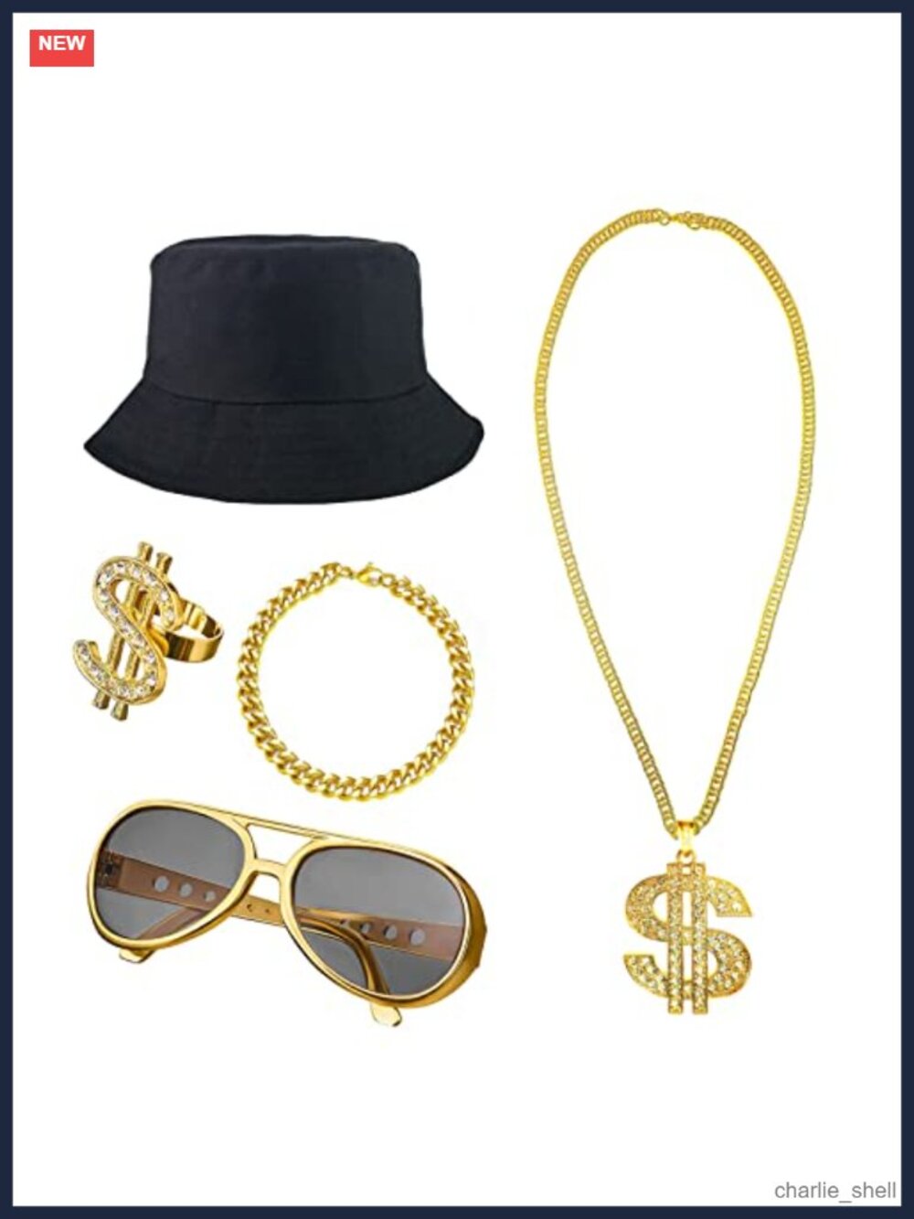 Mens 90s Hip Hop Costume Accessory Set Bucket Hat Sunglasses Jewelry Party